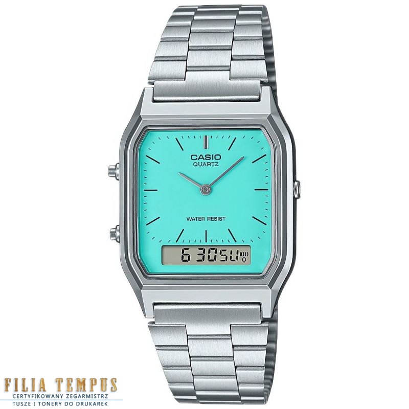 casual uniseks Zegarek Casio Vintage AQ-230A-2A2MQYES Tiffany Blue na bransolecie stalowej